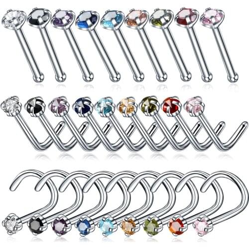 9Pcs/lot Zircon Gem Bone Nose Stud Piercing Earring Anodized L Shape Nose Ring Prong CZ Nose Earring Stud Body Jewelry 20G