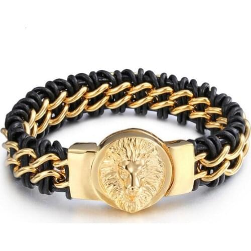 8.66"*17mm 106g Hip-hop Black Genuine Leather Braided Wristband Jewelry 316L Stainless Steel Gold Lion King Mens Bracelet Bangle