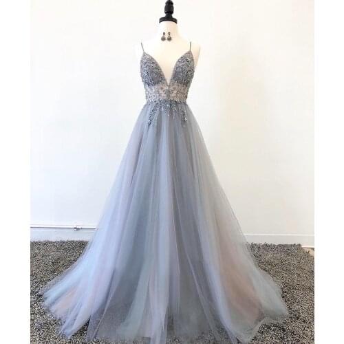 Spaghetti Straps Prom Dresses Sleeveless Beading Evening Dress Long Vestido Longo A Line Formal Party Gowns Tulle