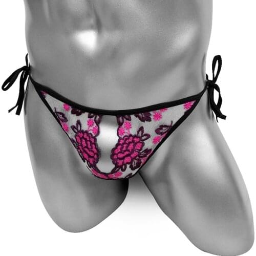 Embroideryr Sissy Panties Open Front Sexy Mens Thong Underwear Penis Hole Mesh See Through Bikini Male Underpants G Strings