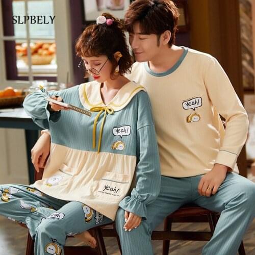 SLPBELY Cotton Couple Pajamas Set Homesuit Autumn Cartoon Lovely Lapel Long Sleeve Men And Women Kawaii Nightwear Pyjamas Pijama
