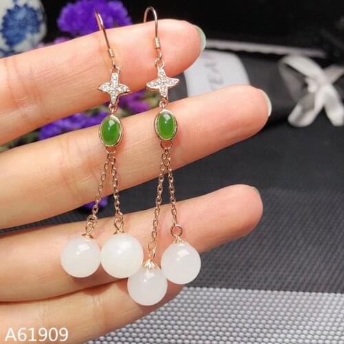 KJJEAXCMY boutique jewelry 925 sterling silver inlaid natural white jade gemstone female earrings support detection