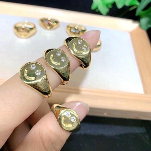 10Pcs Hot Gold Color CZ Pave Happy Face Rings for Women Smiley Finger Ring Party Jewelry Gifts