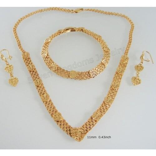 YELLOW GOLD GP OVERLAY CARVED HEART PATTERN DANGLE 1.65" EARRING 7.9" BRACELET WIDTH 7MM 0.28" 18" NECKLACE SET Ethiopian