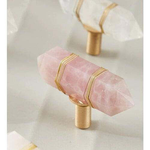 LKL Natural Crystal Brass Handle Nordic Simple Luxury Furniture Fittings Cabinet Door Drawer Copper Pink Knobs
