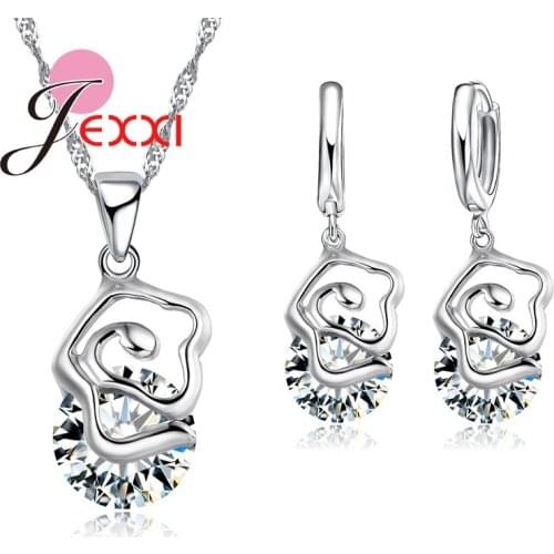 Trendy Fashion African AAA Crystal Flower Drop Pendant Necklace Earrings for Women Sets Bridal Best Gifts Bijoux