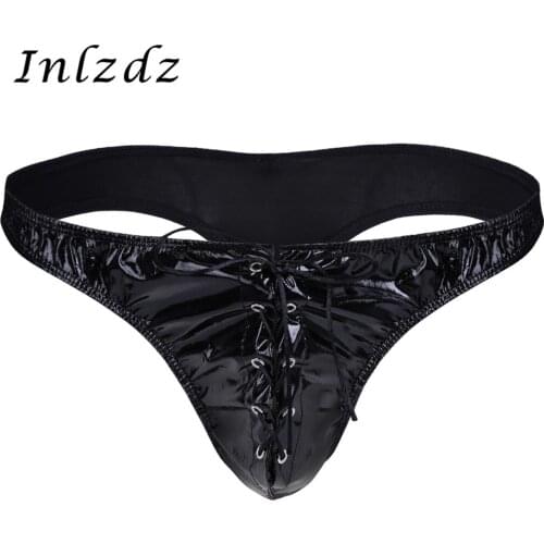 Mens Lingerie Sex Underwear Patent Leather Hot Sexy G-String Thong Panties Lace-up Front Briefs Bikini Underwear Underpants