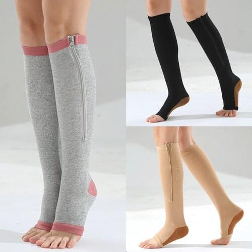 New Compression Socks Men Women Support Knee Zipper Socks Female Open Toe Thin Anti-Fatigue Stretchy Sox High Socks Unisex