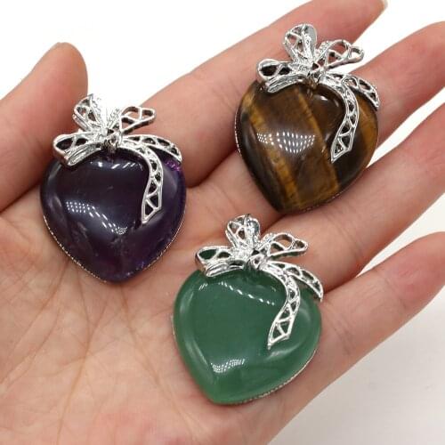 New Peach Heart Shape Pendants Fashion Tiger Eye Stones Green Aventurines Metal Alloy Pendants Size 30x40mm