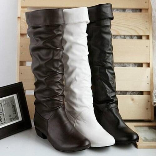 Knee High Boots Fashion Female Slip-on Vintage PU Leather Winter Boots 2021 Women Heels High Tube Flat Heels Boots Botines Mujer