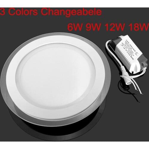 3 Colors Changeable Round Glass Panel Downlight 6W 9W 12W 18W Ceiling Recessed Panel Lights SMD 5630 LED Paine Lamps AC85-265V