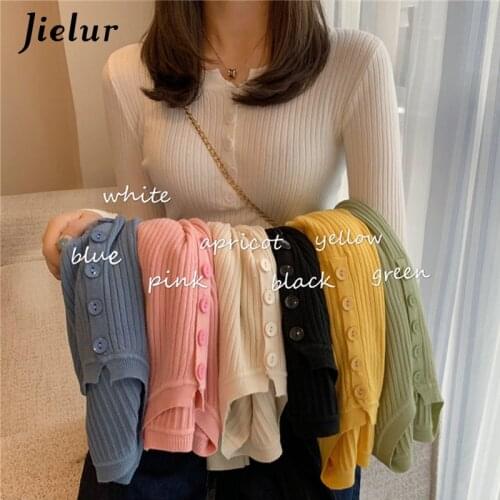 Jielur Sweater Women Solid Color O-neck Pullovers Basic Primer Pull Femme Button Chic Jumper Soft Slim Autumn Knitted Sweaters