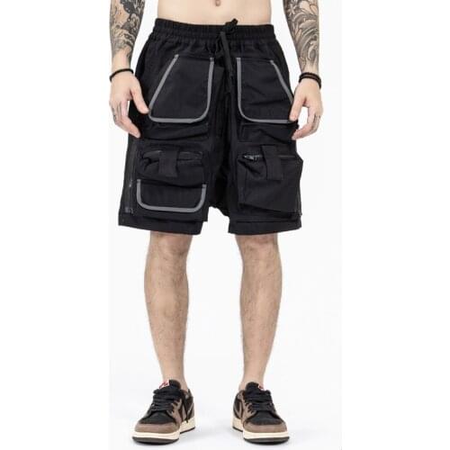 P373 Unique Removable Multi-Pocket Cargo Shorts Summer High Street Tooling Men Drawstring Male Camping Fishing Pants Black Khaki