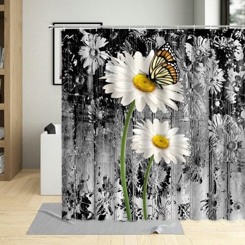 Daisy Chamomile Retro Wooden Grain Background Bathroom Curtains Butterfly Floral Plant Shower Curtain For Home Decor With Hooks