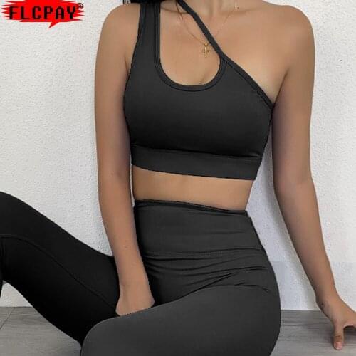 Womens Slant Shoulder High Waist Sports Fitness 2PCS Yoga Tracksuits Shockproof running Suit Sport Bras Outfits