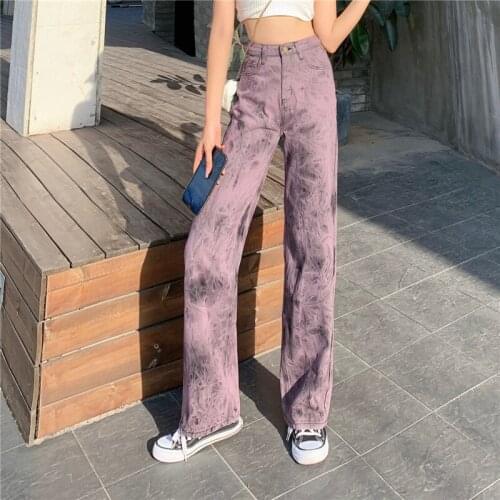 Varofi Purple tie-dyed jeans for womens high street straight-leg loose spicy trousers jeans streetwear women baggy jeans