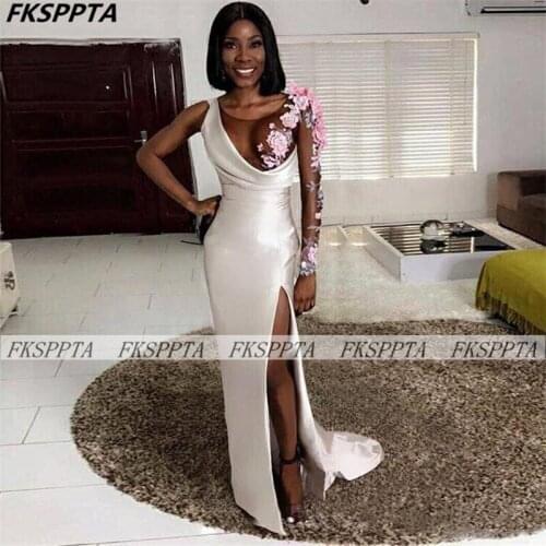White One Shoulder Long Prom Dresses For Black Women Side Slit Pink Flowers Sexy Wedding Party Gowns Formal Prom Dress