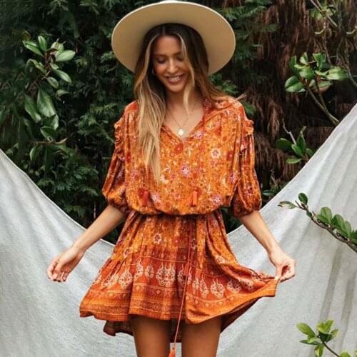 AYUALIN orange floral Print women Dresses 2021 vintage Summer V Neck Lantern Sleeve Tassel Vestidos Boho beach Casual Mini Dress