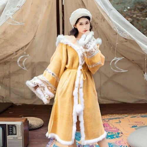 Autumn Winter Vintage Women Coat Woolen cloth Loose Long overcoat Fur Patchwork Hooded Sequins Embroidery Female coat 2020 HOT