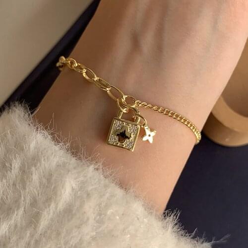 2021 Stainless Steel Gold Plated Flower Cz Paved Lock Charm Bracelet Delicate Patchwork Chain Bracelets Bangles for Girl