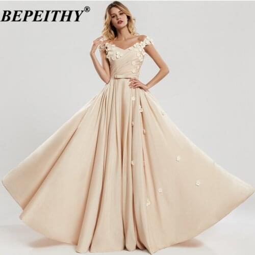 BEPEITHY Off The Shoulder Luxury Long Evening Dress With 3D Flowers Vestido Longo Champagne Dress For Prom Party For Women2020