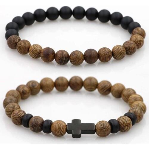8mm Natural Wood Beads Bracelets Men Black Stone Ethinc Meditation Bracelet Women Stainless Steel Prayer Jewelry Yoga Bracelet