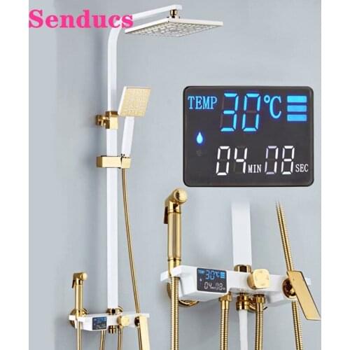 Digital Shower Set Senducs Square ABS Rainfall Shower Head Copper Bathtub Mixer Faucets White Gold Thermostatic Shower Set