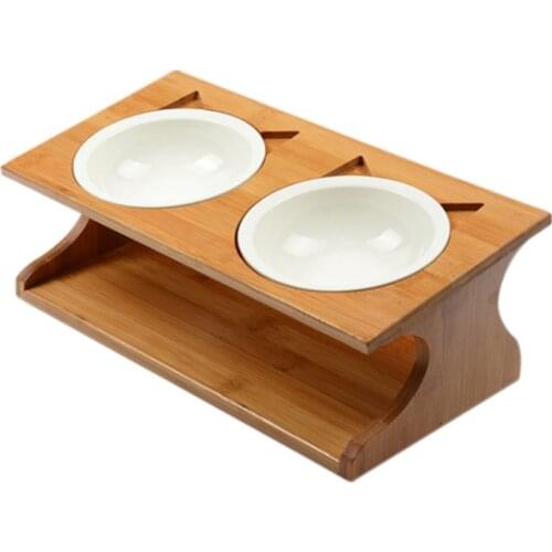 Pet wooden Tilted Feeders Pet Anti-slip Double Ceramic Bowl Cat Dish with Slope Base Lovely Pet Bowls with bamboo stand CW210
