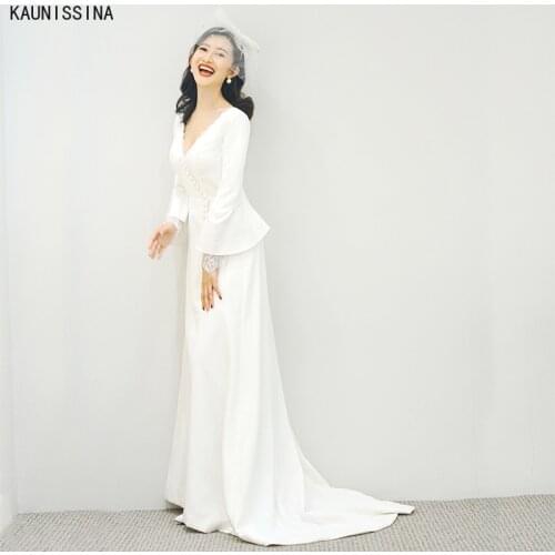 KAUNISSINA Sweep Train Wedding Dress V-Neck Flare Long Sleeve Bridal Gown Floor-Length Buttons Decor Bride Marriage Robe Vestido