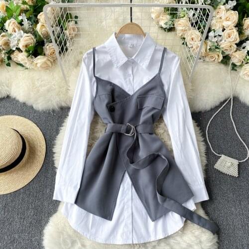 Womens Solid Color New Fashion Long Sleeve Shirts + Sleeveless Vest Two Peice Sets R107