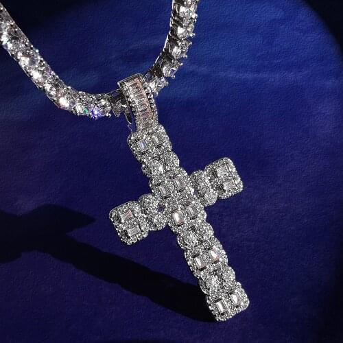 Iced Out Geometric Cross Pendant With Tennis Chain Hip Hop Bling CZ Stone Necklace For Men Women Gift
