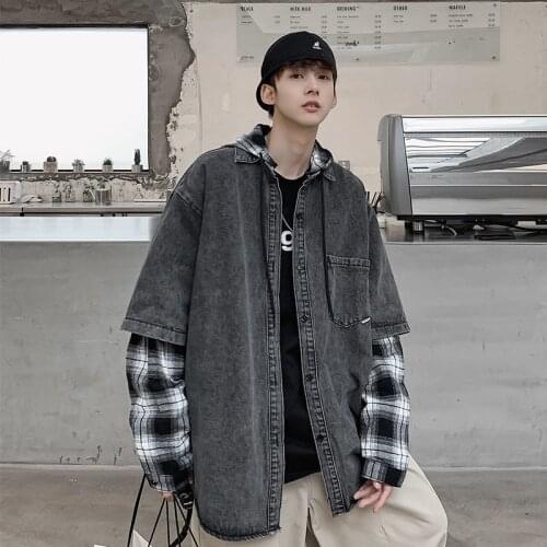 2021 Mens Two Piece Lattice Printing Denim Jackets Stitching Detachable Hat Denim Trend Cowboy Coats Blue/grey Color Outerwear