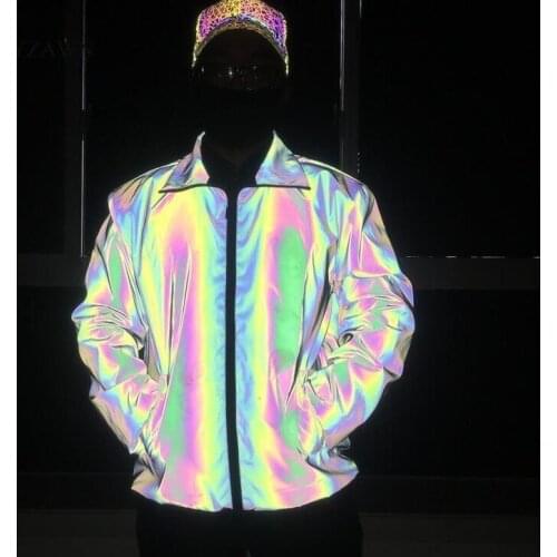 Fashion Mens Colorful Rainbow Reflective Loose Bomber Jacket Fall Winter Harajuku Gray Light Waterproof Windbreaker Plus Size