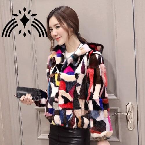 Real genuine natural mink fur coat with hood women ladies fashion mulit-color colorful overcoat outwear custom any size