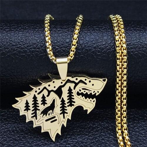 Stainless Steel Animal Wolf Forest Mountain Necklaces for Men/Women Gold Color Jewelry collares de acero inoxida N4271S01