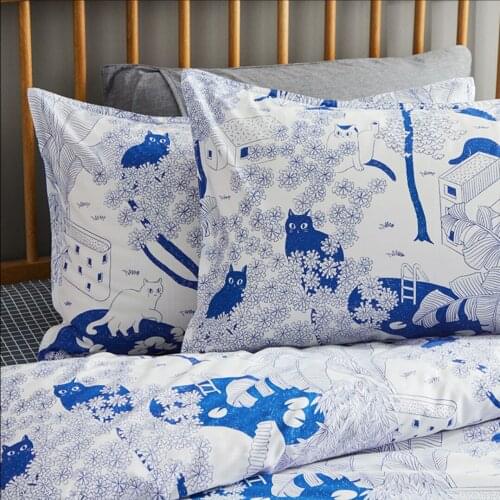 Cotton Pure Cotton 2 Meter Sheet Three-piece Set Spring Summer Autumn Winter Quilt Cover Original Blue Printed Meow