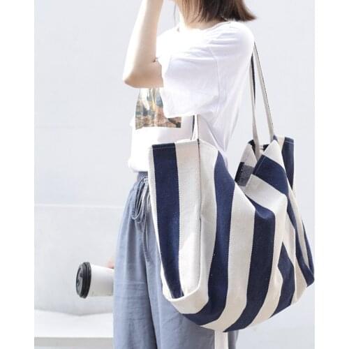 2020 Retro art handbag simple small fresh striped canvas bag casual fashion large capacity shoulder bag