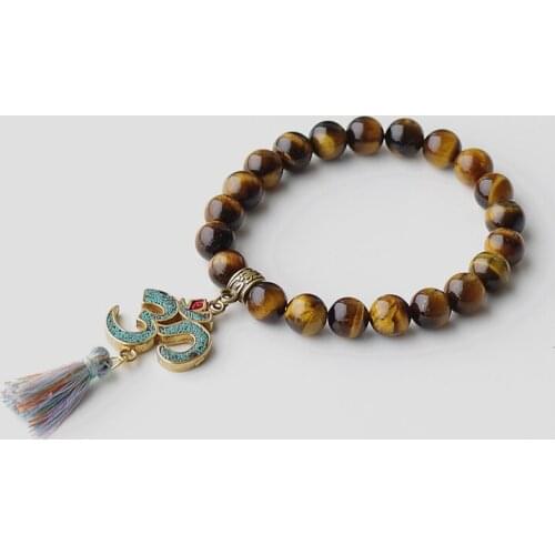 Handmade Tibetan Buddhism Chakra Mala Bracelet Tiger Eye Stone Beads Tassel Om Healing Lucky Charm Bracelet for Women Men