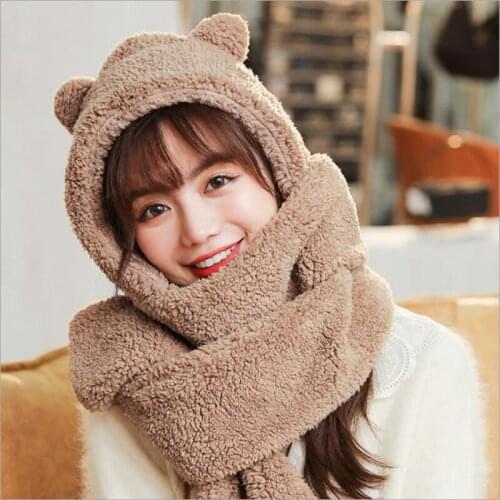Hat Scarf Gloves Winter Thicken Korean Version Cap Ear Warm Cute Solid Muts Girl Kawaii Bear Hat Faux-Fur Gorros Mujer Invierno