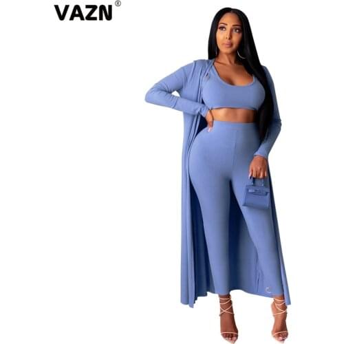 VAZN 2020 Elegant Style Solid Bohemian Fashion Women Clothes Outfit O-neck Sexy Full Sleeve Full Pant 3 Pieces Set