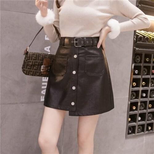 Obrix Female Faux Leather Skirt High Waist Mini Belt Pockets Casual Military Skirt For Women