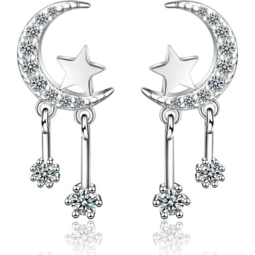 925 Sterling Silver Crystal Star Moon Ear Piercing Drop Earrings for Women Wedding Jewelry Party Accessories pendientes eh1087