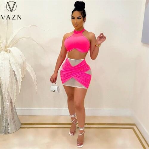 VAZN 2021 Solid Summer Modern V-Neck Sleeveless Elegant Street Clothing Suits 2 Piece Set Women Top And Pant