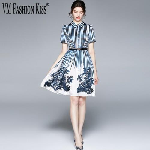 VM FASHION KISS 2021 Women Summer Pleated Dresses New Lapel Turn-down Collar Short Sleeve High Waist Dress Print Shirt Dress