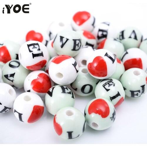10/30/50pcs 12mm Big Round Ceramic Beads Print Love Red Heart Loose Jewelry Beads For Making Bracelet Charm Necklace Keychain