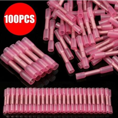 100PCS Heat Shrink Butt Terminals Red Waterproof Fully Insulated Seal 22-18 AWG Electrical Wire Crimp Terminal Connectors