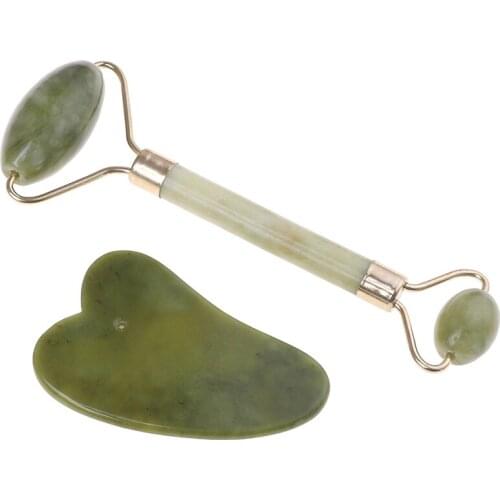 2Pcs/Set Green Natural Stone Massage Tools Guasha Facial Face Thin Roller+Body Guasha Board Massager Stone Tool Set Health Care