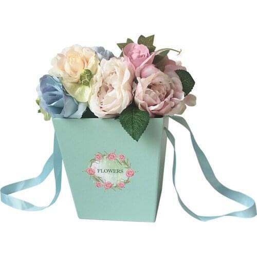 2020New Gift box Trapezoidal Flower Wrapping Box Plant Tote Packing Bag Basket with Handle for Wedding Birthday 17X13x18 cm box