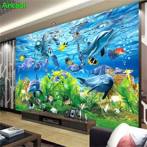3D custom wallpaper underwater world ocean fish mural children room TV background cartoon wallpaper living room dolphin photo