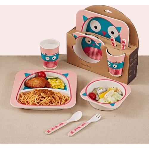 5Pcs/set Bamboo Fiber Tableware Sets Eco-friendly Cute Cartoon Animal Children Dish Bowl Fork Cup Dinnerware Feeding Baby Gifts